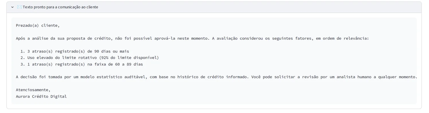 Texto de comunicação ao cliente gerado a partir dos três fatores de maior peso