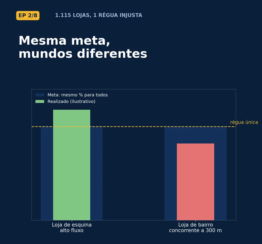 Episódio 2 — mesma meta, mundos diferentes: barras comparando a loja de esquina e a loja de bairro