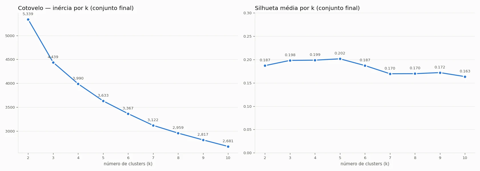 Curva do cotovelo (inércia) e silhueta média para k de 2 a 10